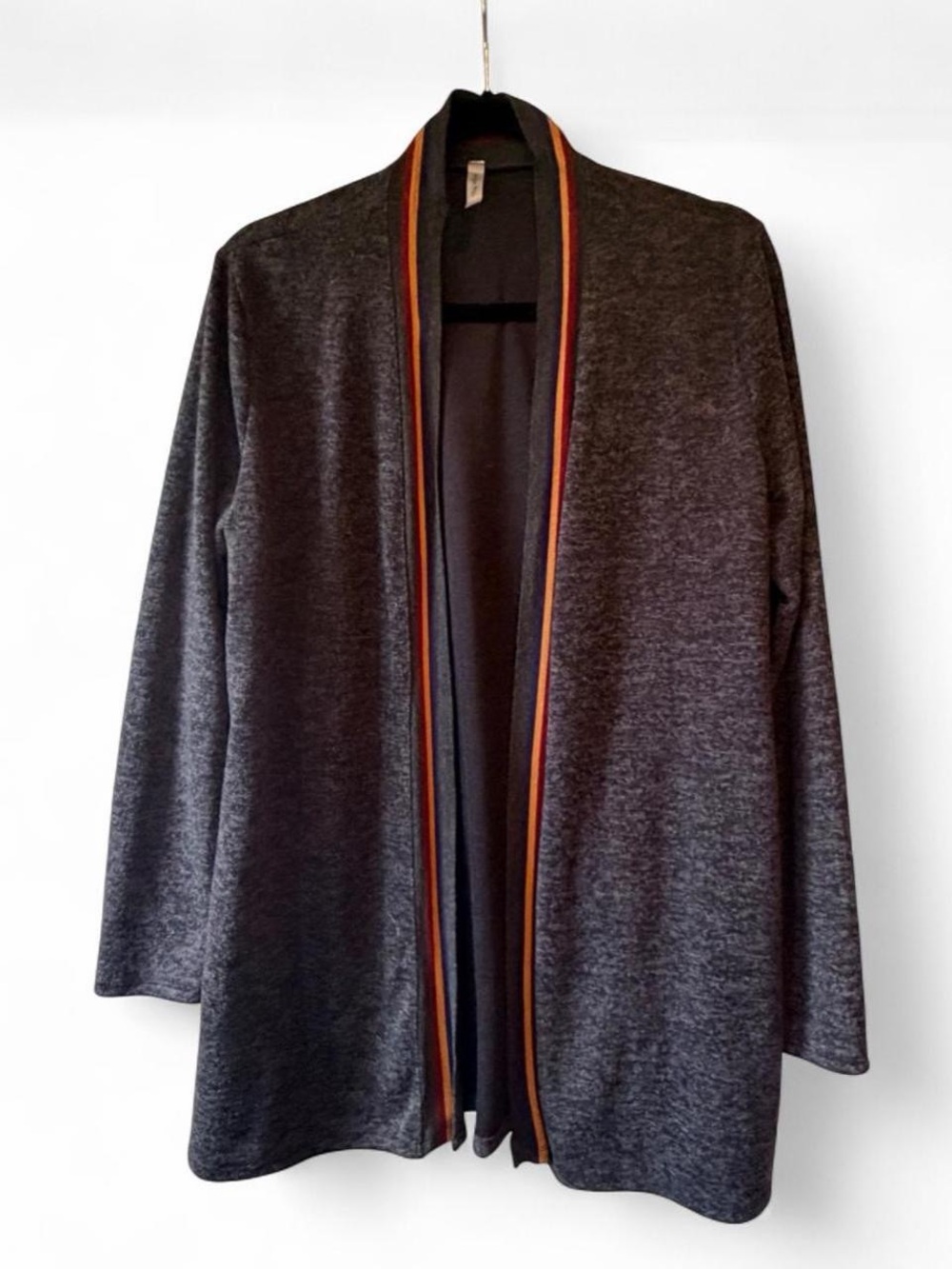 Dark Gray Open-Front Women's Cardigan Jacket with Striped Trim